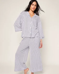 Women Petite Plume The Olivia Wide Leg Pima Pajama Set in Navy French Ticking