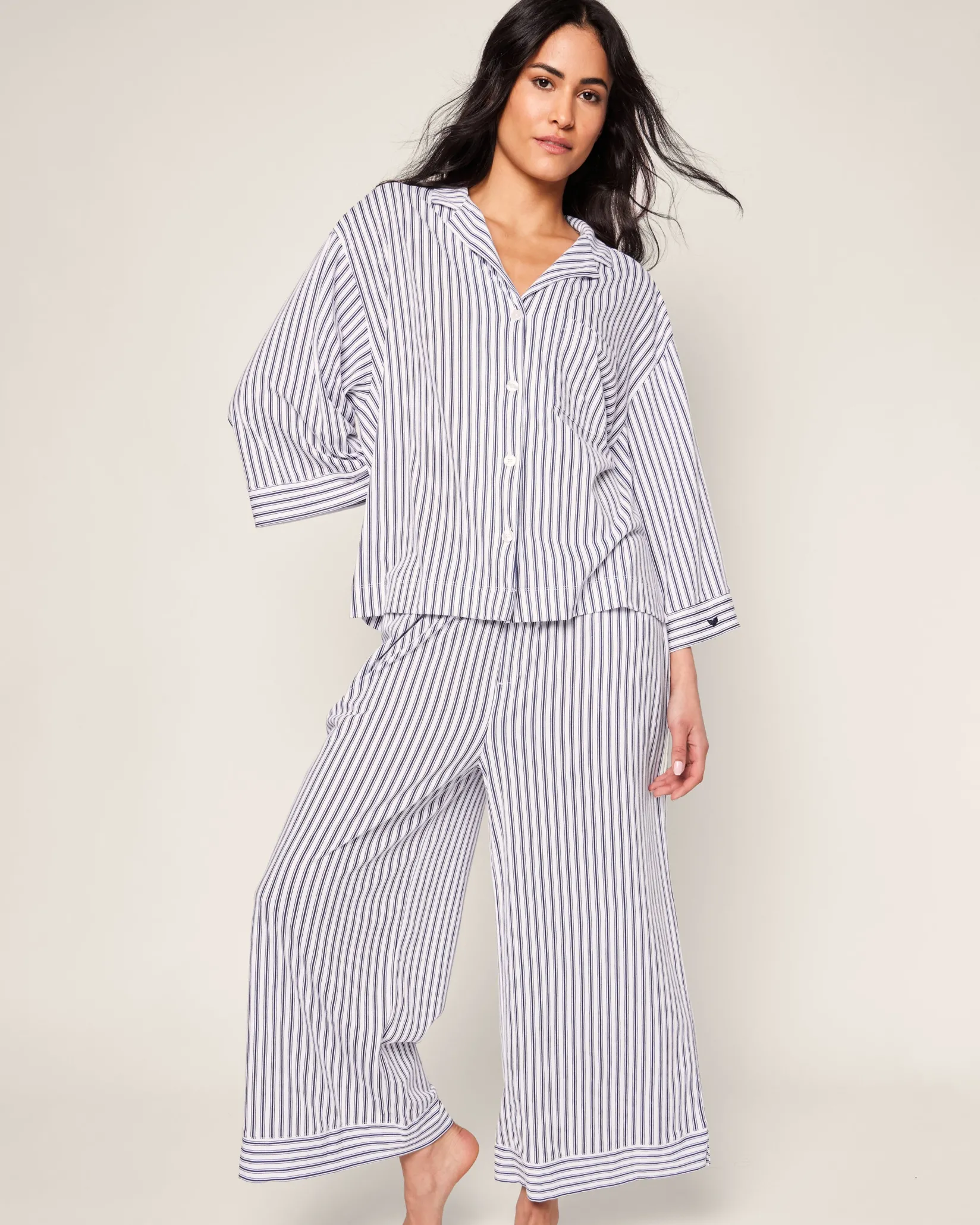 Women Petite Plume The Olivia Wide Leg Pima Pajama Set in Navy French Ticking