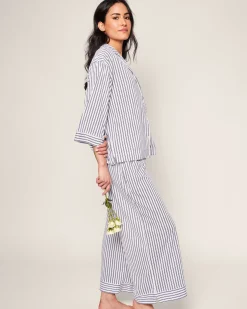 Women Petite Plume The Olivia Wide Leg Pima Pajama Set in Navy French Ticking