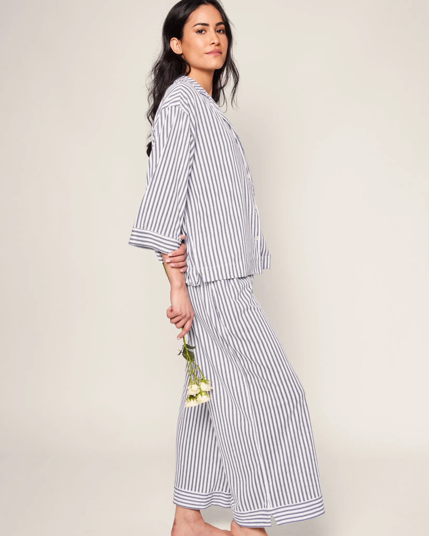 Women Petite Plume The Olivia Wide Leg Pima Pajama Set in Navy French Ticking