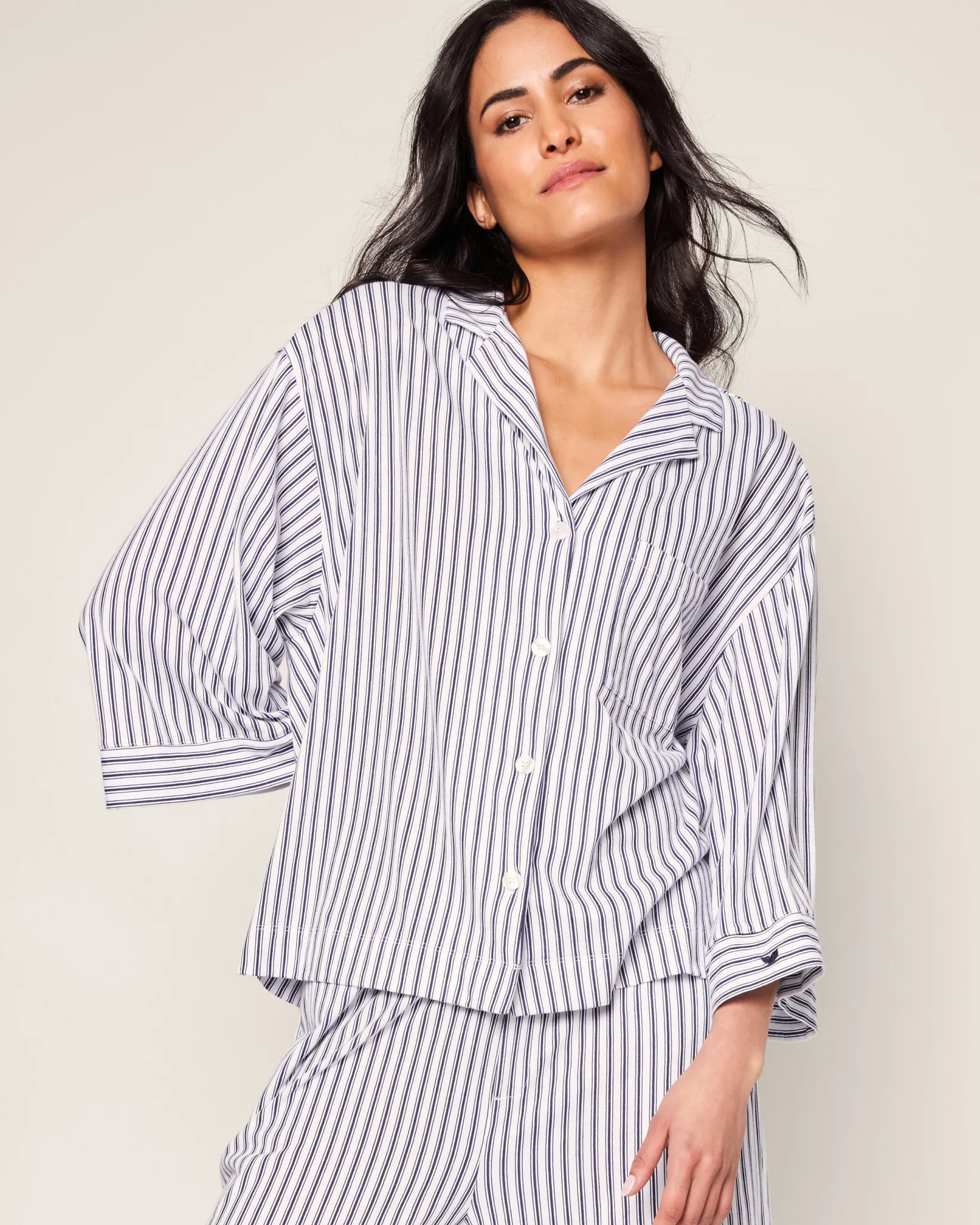 Women Petite Plume The Olivia Wide Leg Pima Pajama Set in Navy French Ticking
