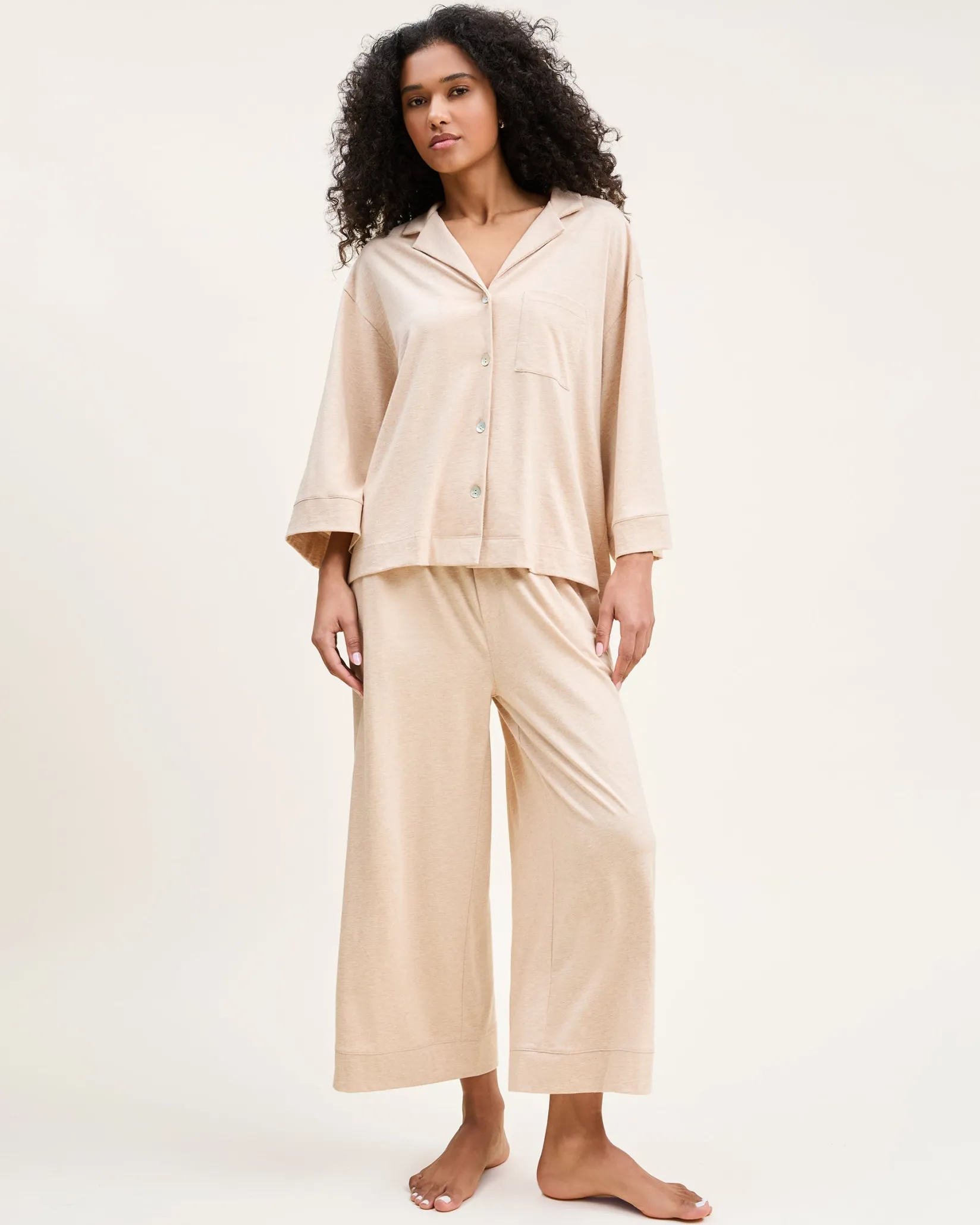 Women Petite Plume The Olivia Wide Leg Pima Pajama Set in Camel