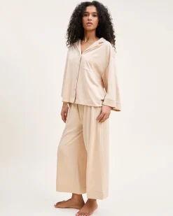 Women Petite Plume The Olivia Wide Leg Pima Pajama Set in Camel