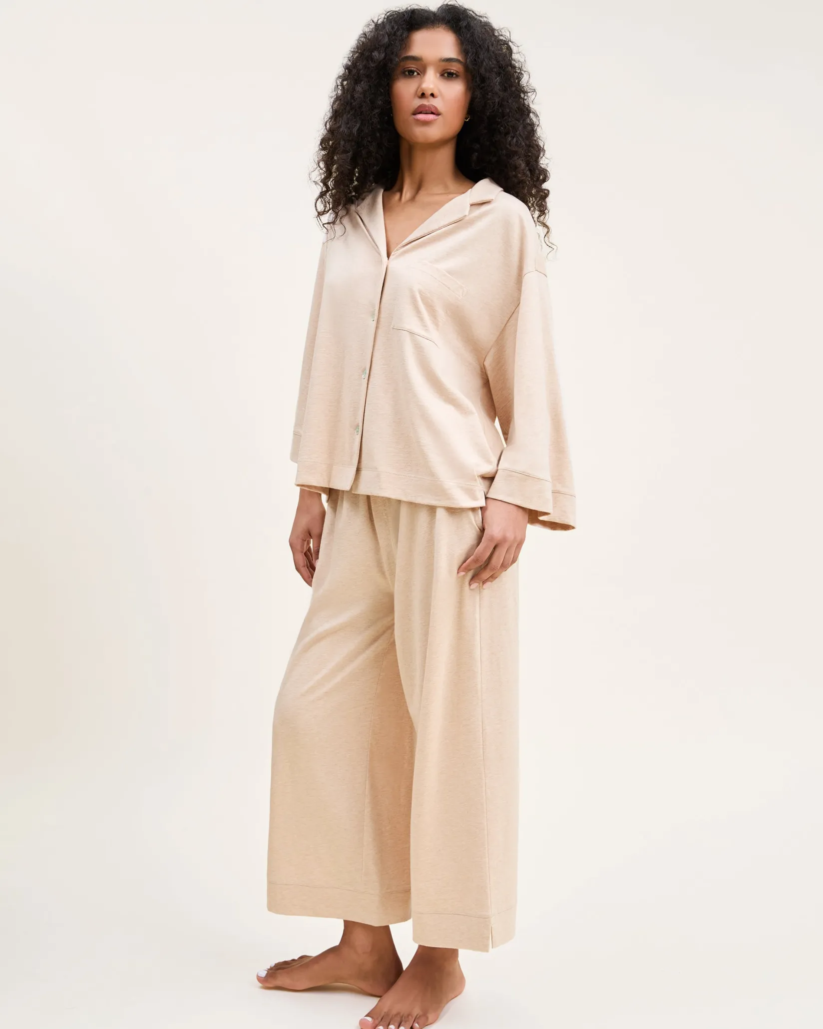 Women Petite Plume The Olivia Wide Leg Pima Pajama Set in Camel