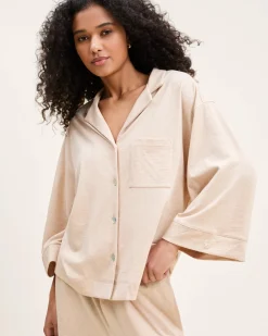 Women Petite Plume The Olivia Wide Leg Pima Pajama Set in Camel