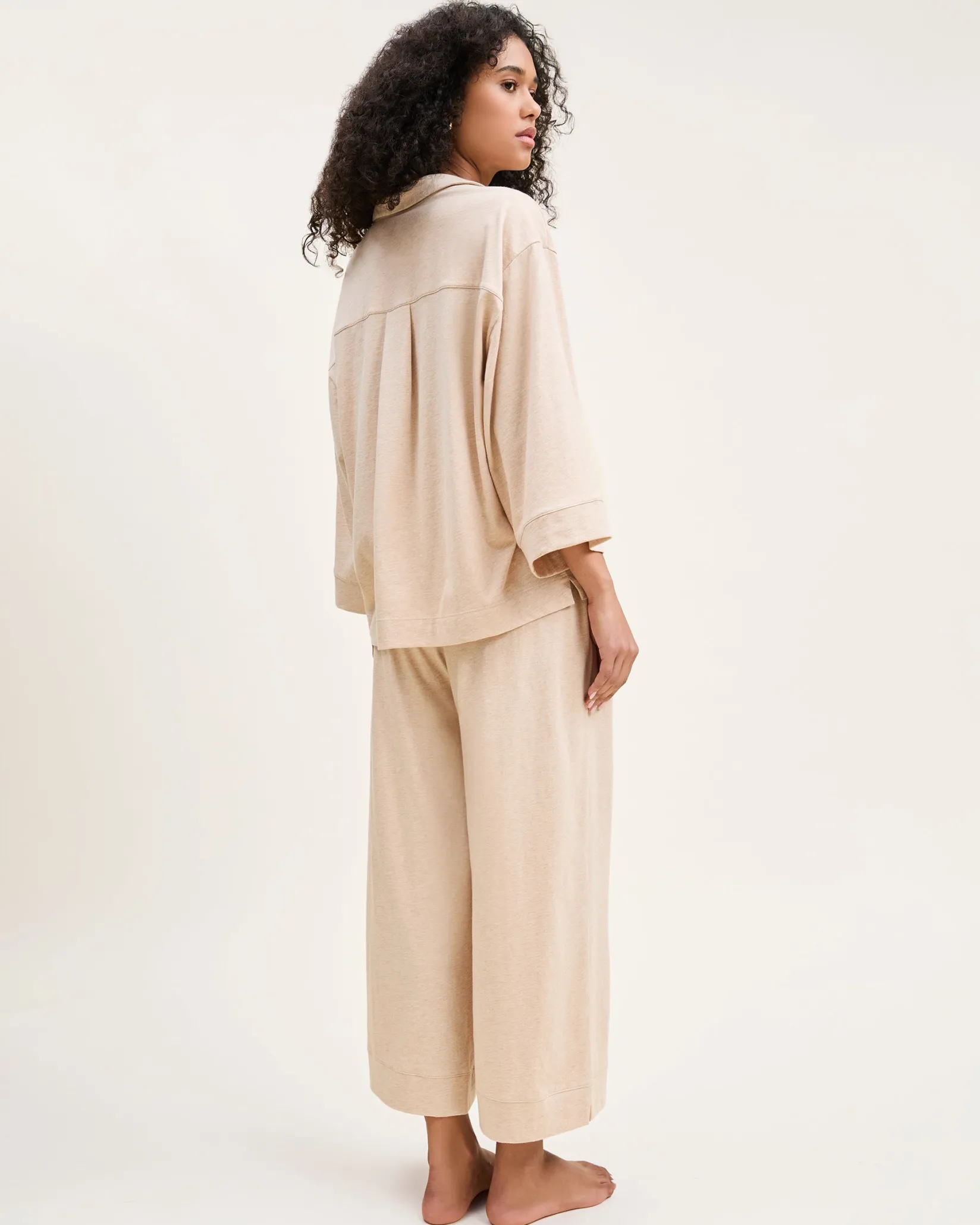 Women Petite Plume The Olivia Wide Leg Pima Pajama Set in Camel
