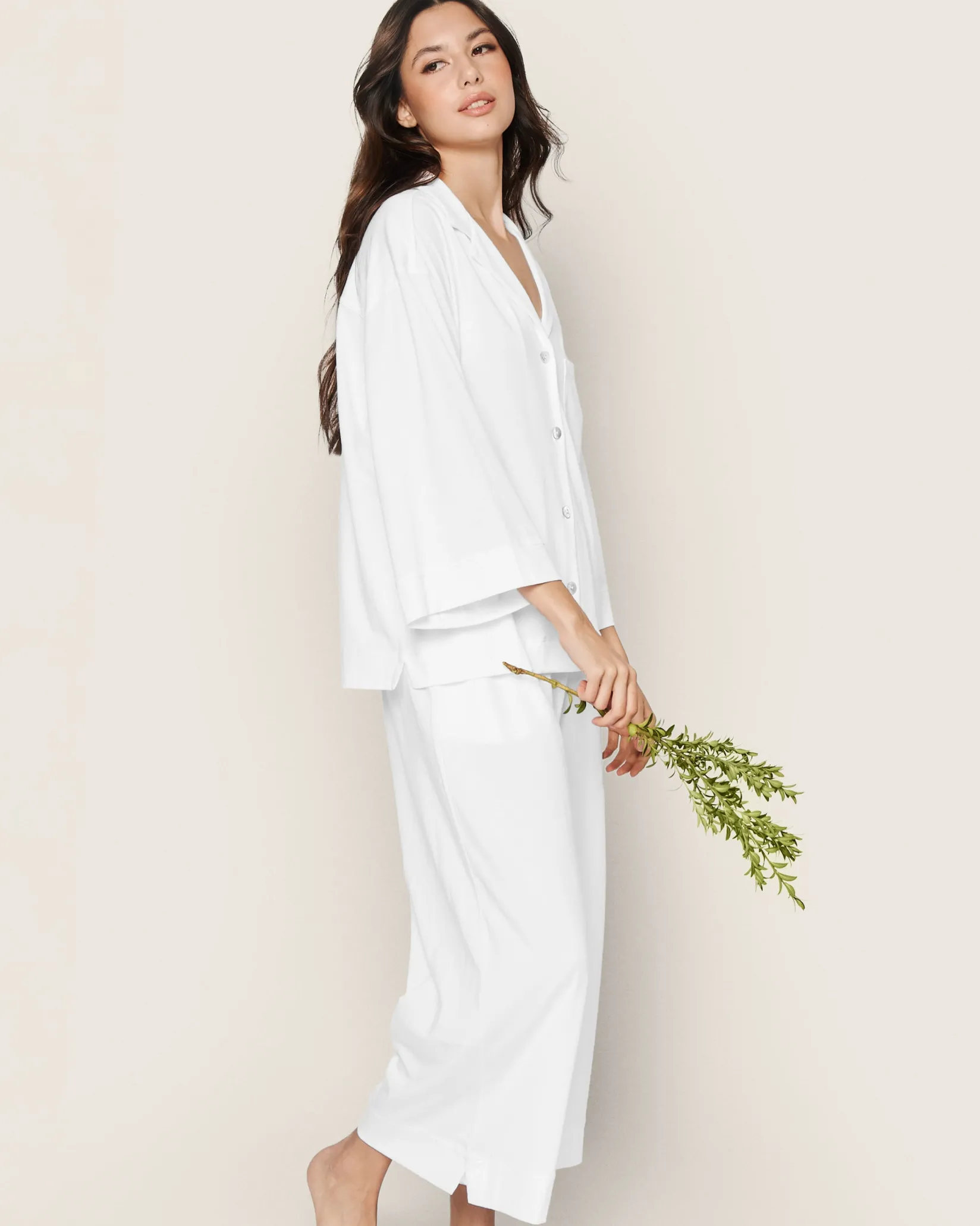 Women Petite Plume The Olivia Wide Leg Pima Pajama Set in White