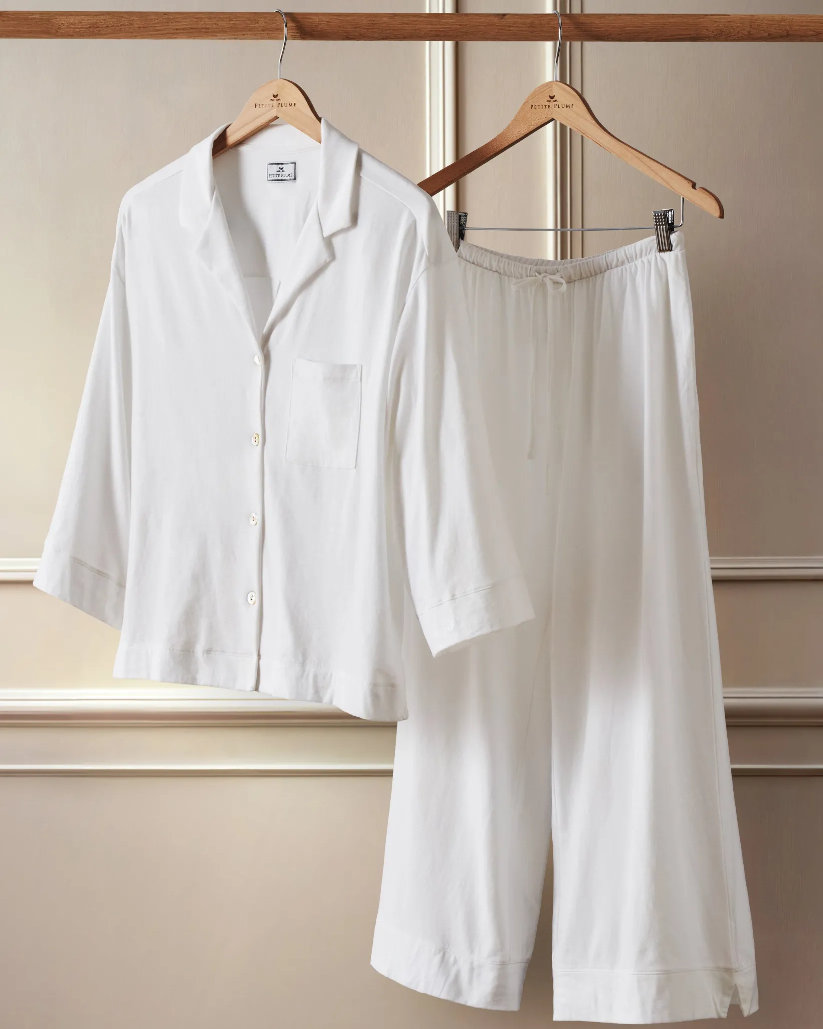 Women Petite Plume The Olivia Wide Leg Pima Pajama Set in White