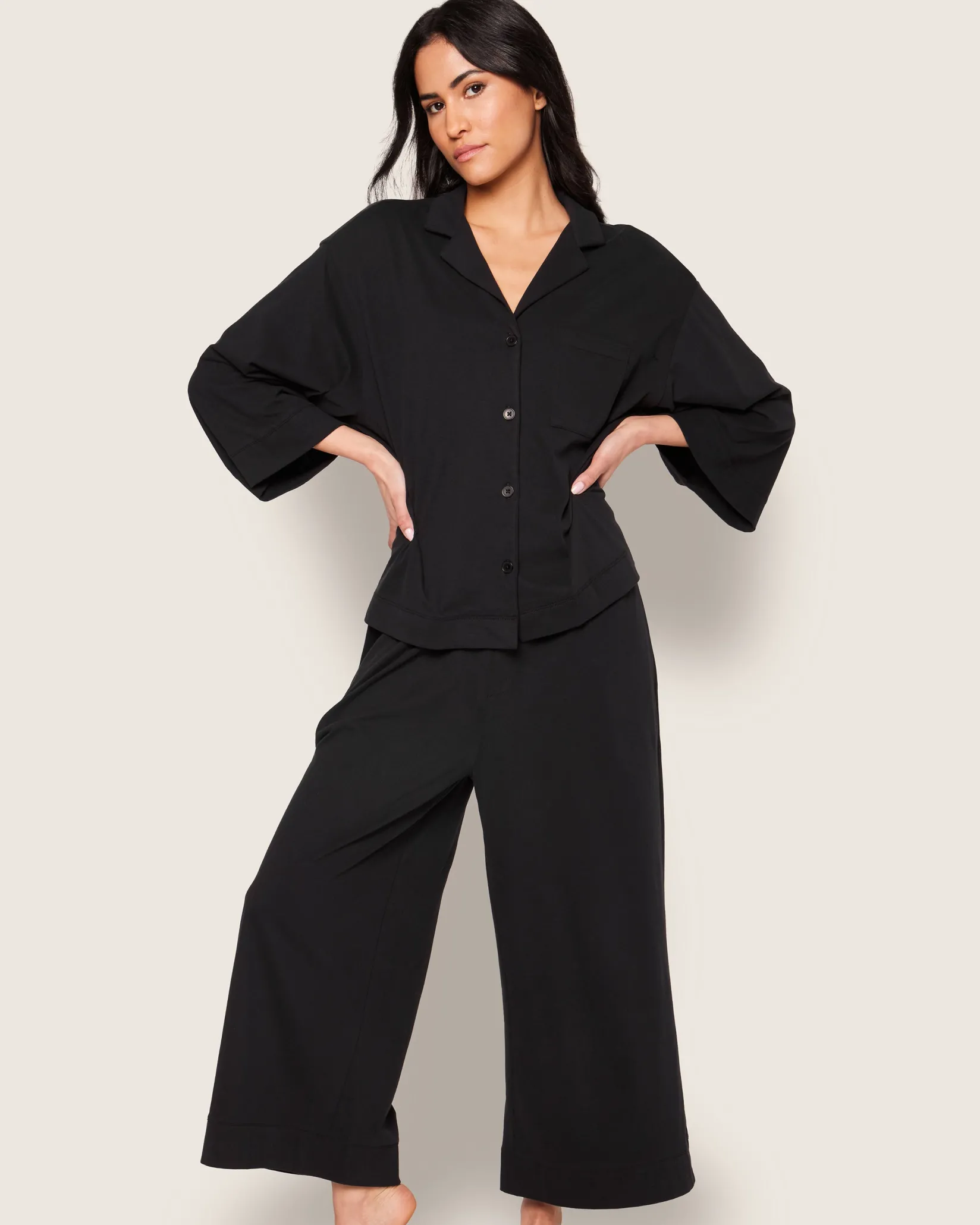 Women Petite Plume The Olivia Wide Leg Pima Pajama Set in Black