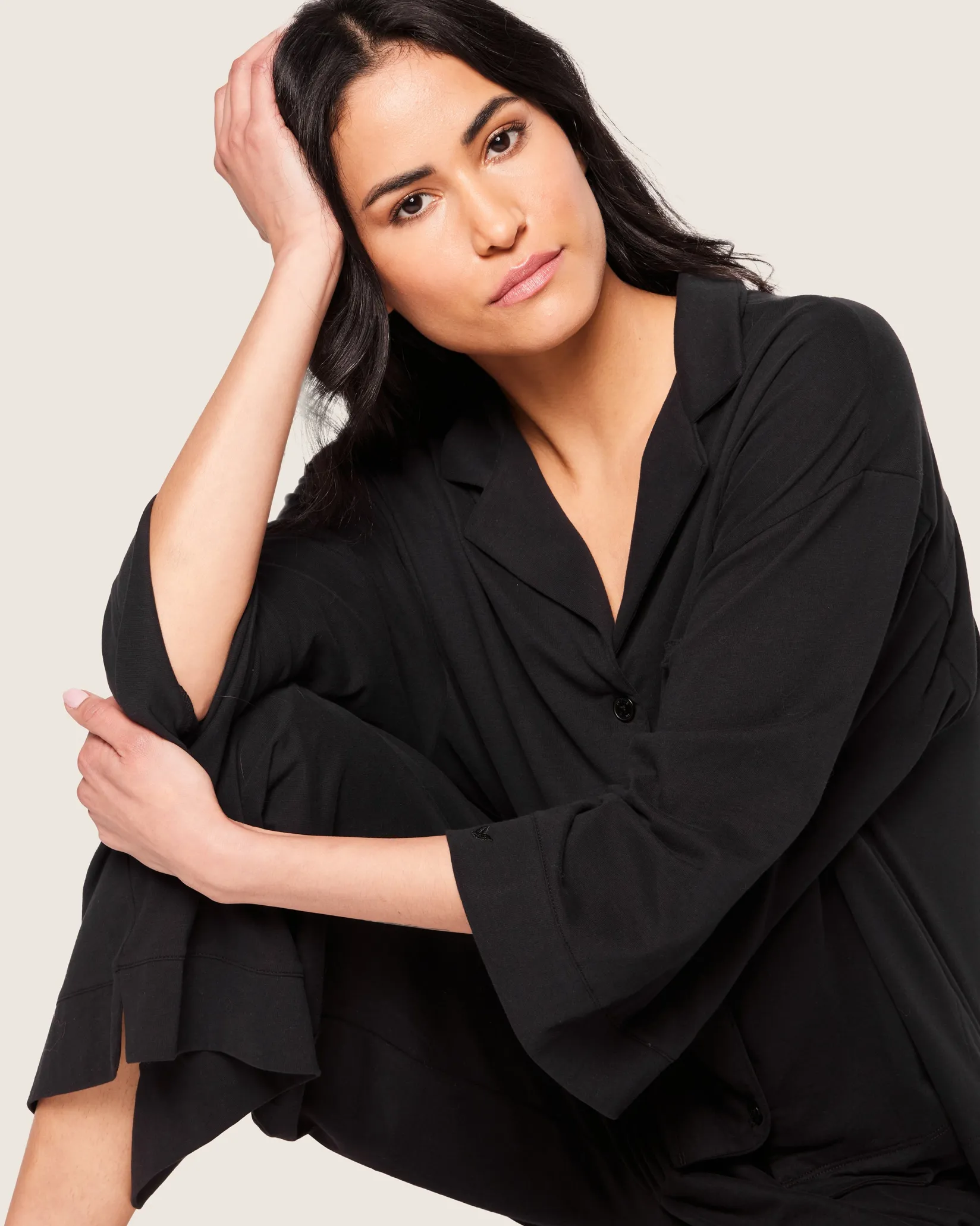 Women Petite Plume The Olivia Wide Leg Pima Pajama Set in Black