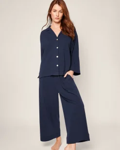Women Petite Plume The Olivia Wide Leg Pima Pajama Set in Navy