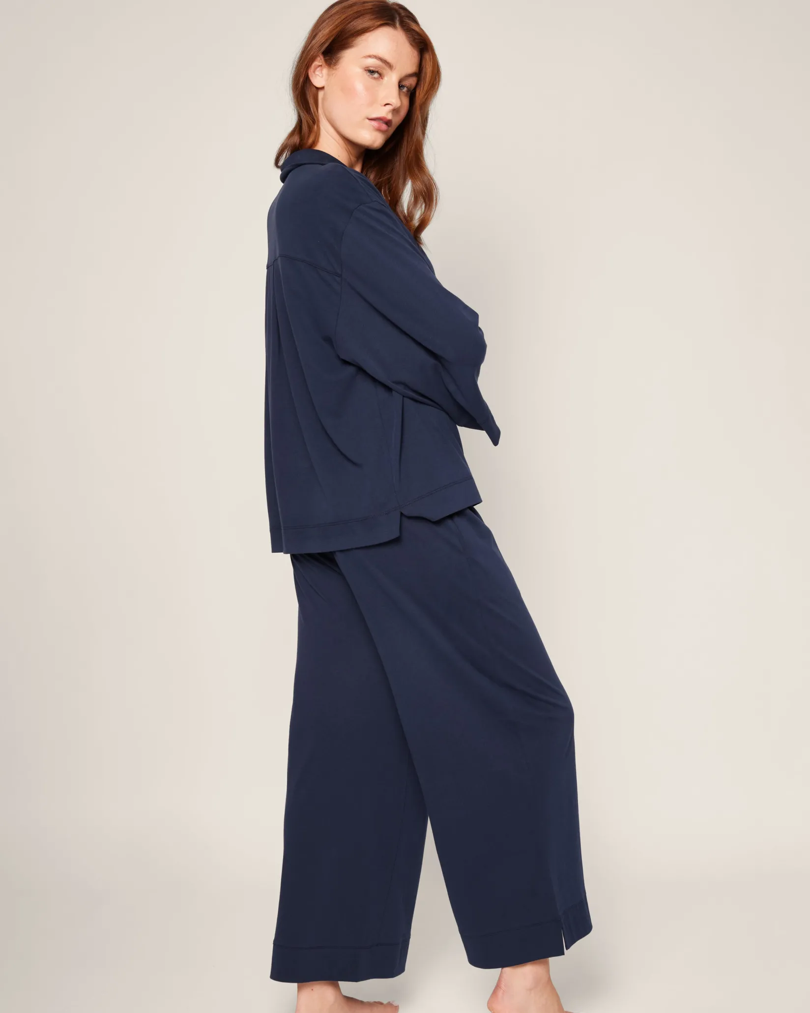 Women Petite Plume The Olivia Wide Leg Pima Pajama Set in Navy