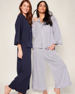 Women Petite Plume The Olivia Wide Leg Pima Pajama Set in Navy