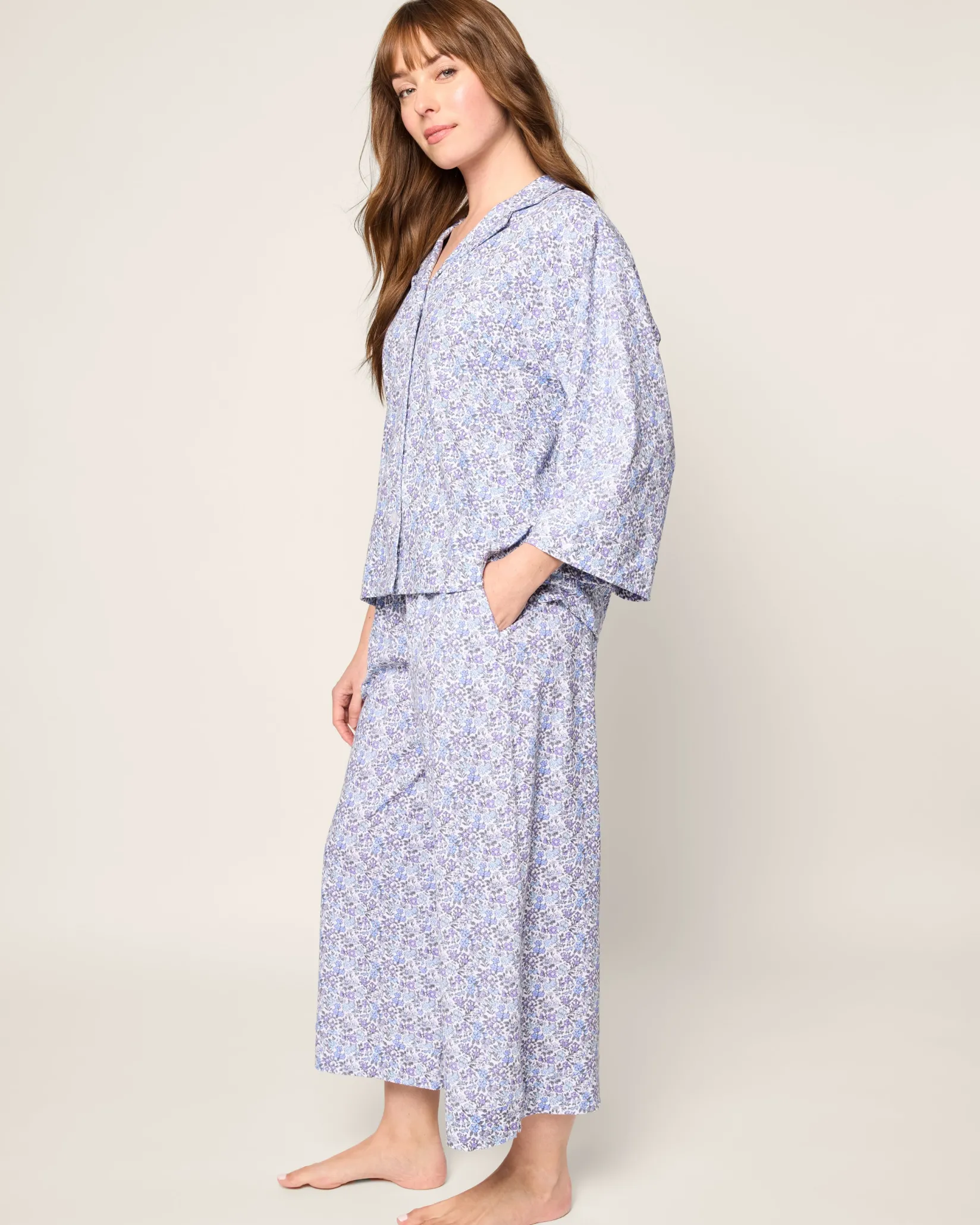 Women Petite Plume The Olivia Wide Leg Pima Pajama Set in Fleur d'Azur