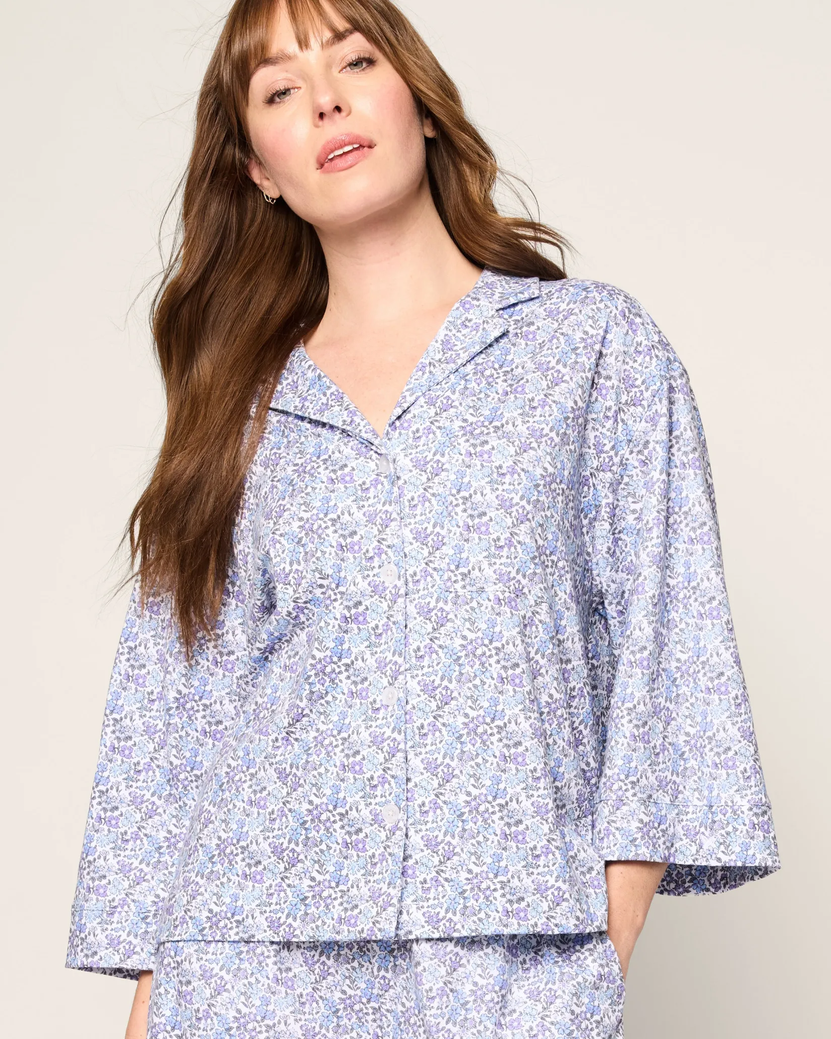 Women Petite Plume The Olivia Wide Leg Pima Pajama Set in Fleur d'Azur