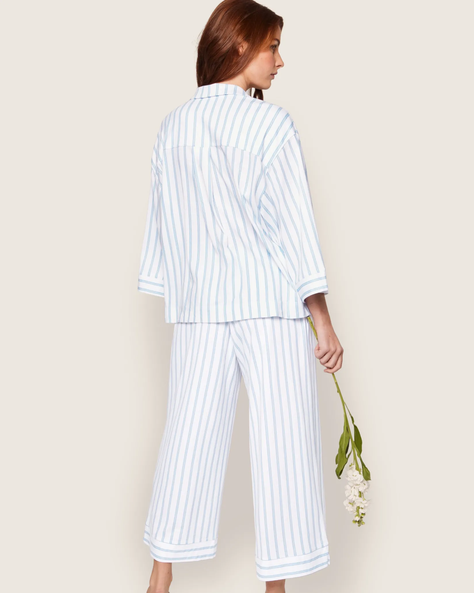Women Petite Plume The Olivia Wide Leg Pima Pajama Set in Periwinkle Stripe
