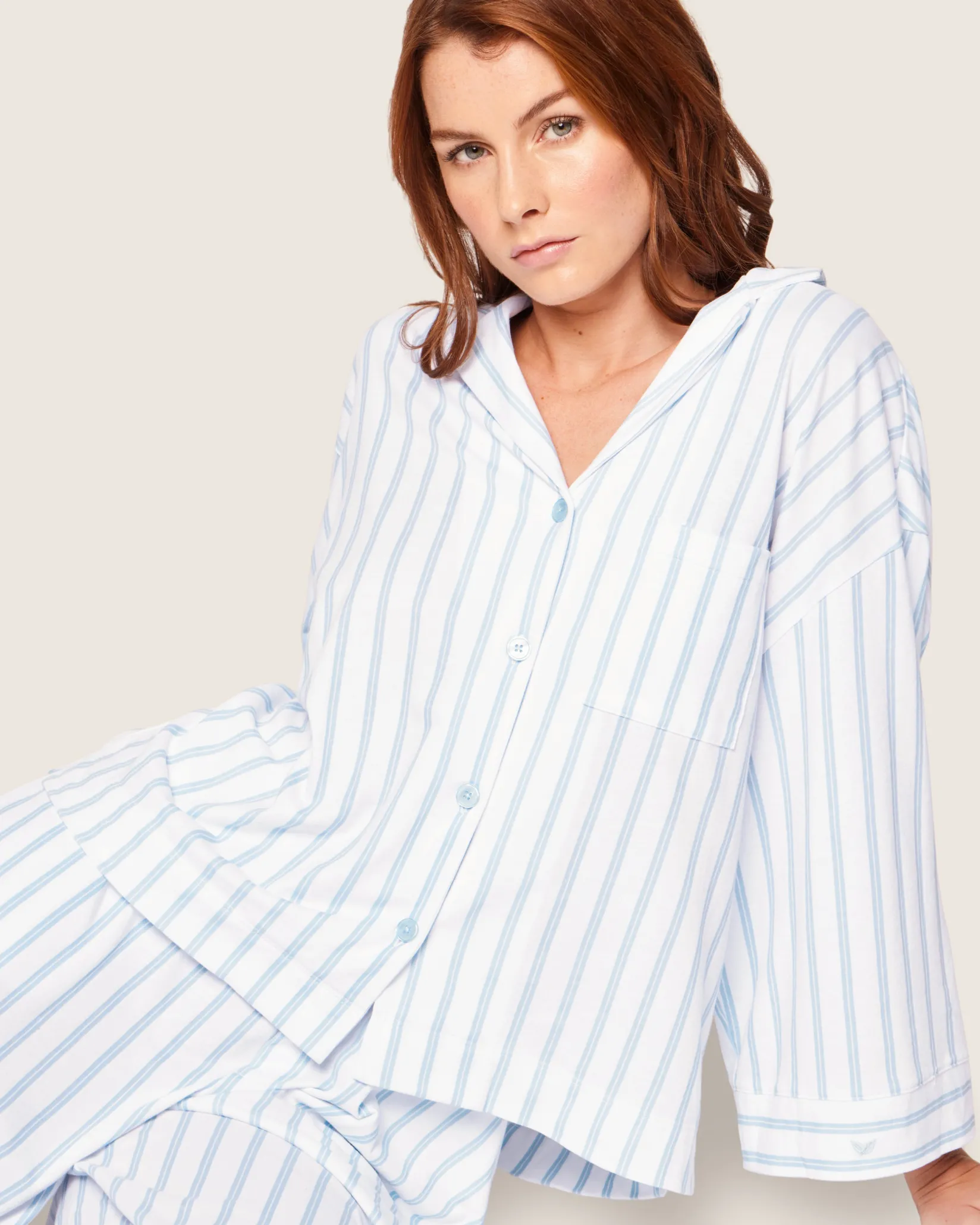 Women Petite Plume The Olivia Wide Leg Pima Pajama Set in Periwinkle Stripe