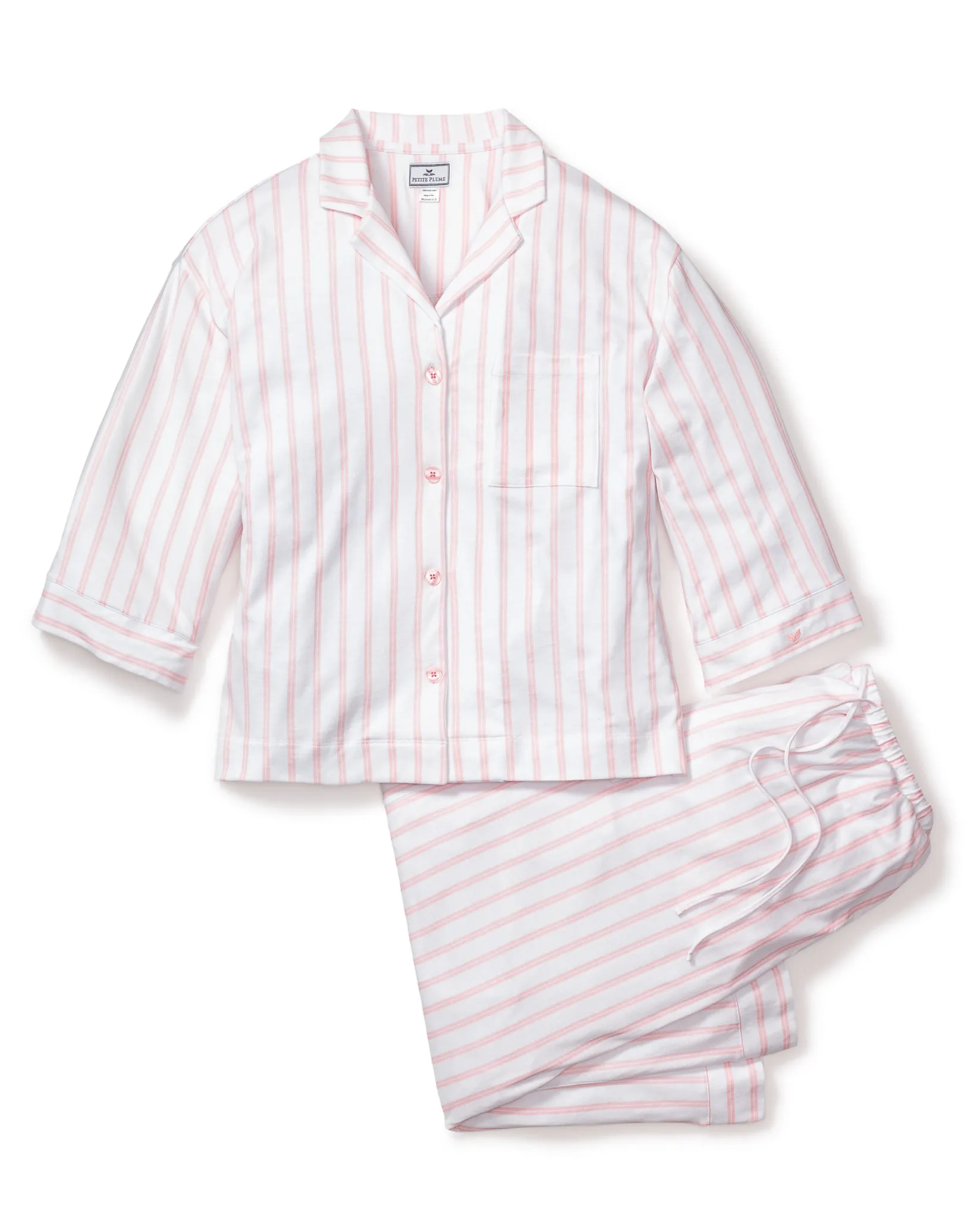 Women Petite Plume The Olivia Wide Leg Pima Pajama Set in Pink Stripe