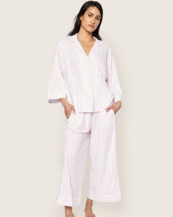 Women Petite Plume The Olivia Wide Leg Pima Pajama Set in Pink Stripe