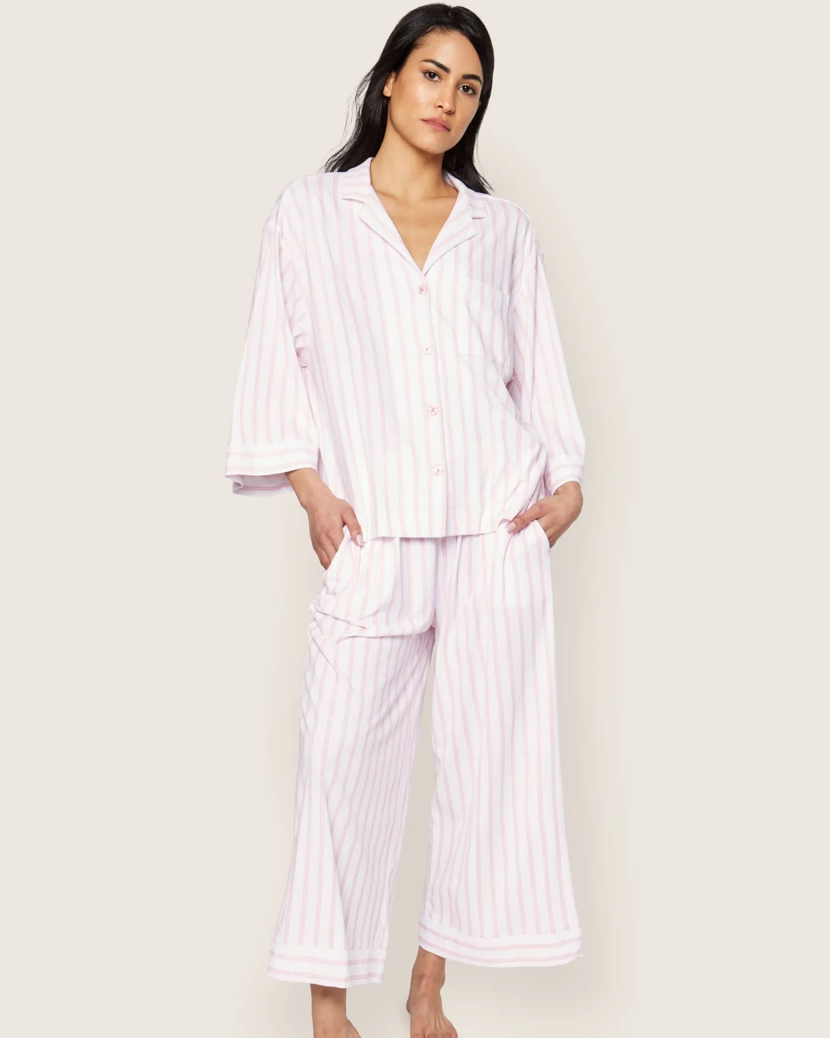 Women Petite Plume The Olivia Wide Leg Pima Pajama Set in Pink Stripe