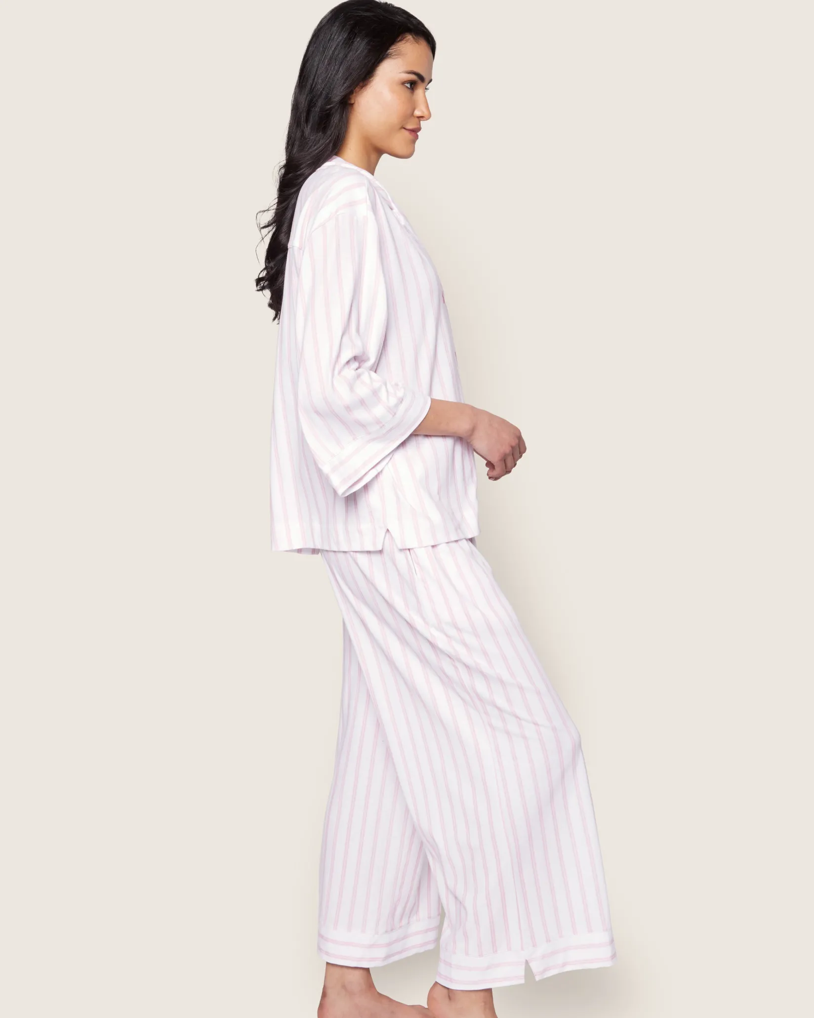 Women Petite Plume The Olivia Wide Leg Pima Pajama Set in Pink Stripe