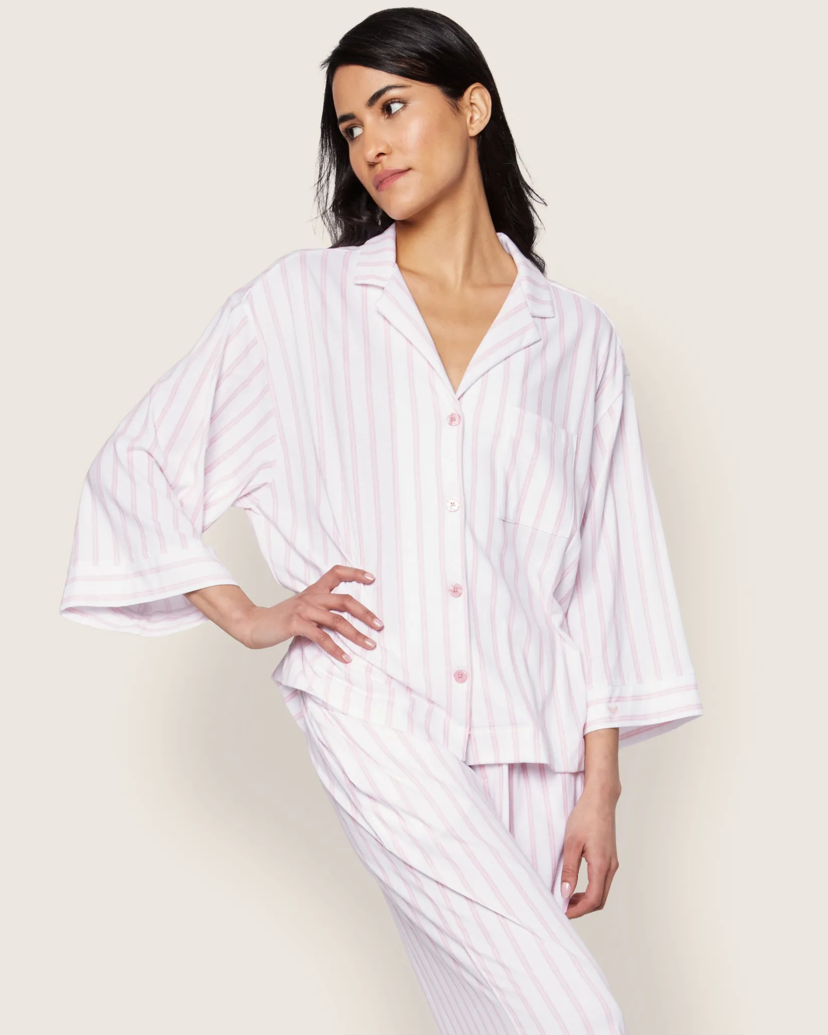 Women Petite Plume The Olivia Wide Leg Pima Pajama Set in Pink Stripe
