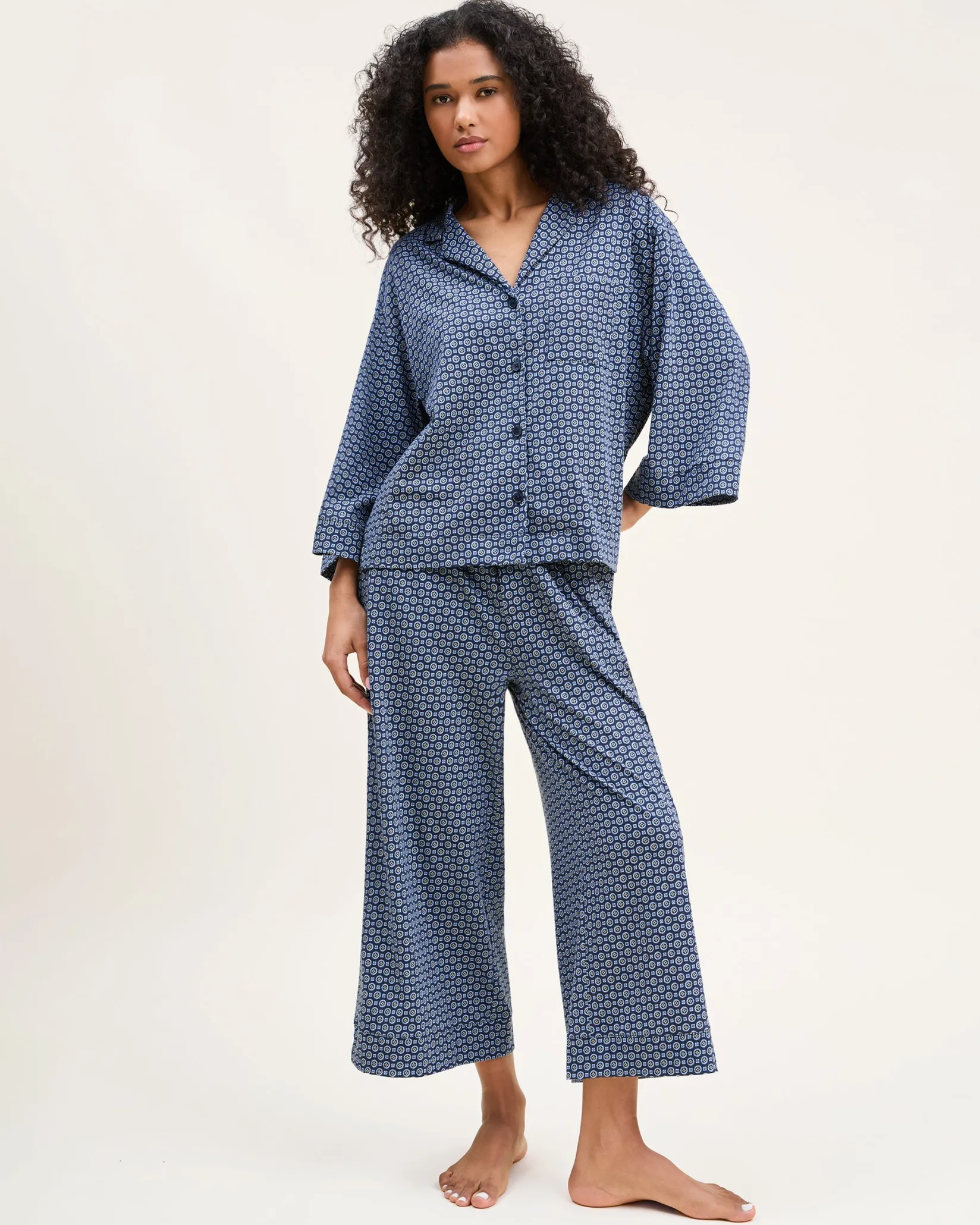 Women Petite Plume The Olivia Wide Leg Pima Pajama Set in Midnight Foulard