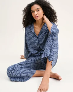 Women Petite Plume The Olivia Wide Leg Pima Pajama Set in Midnight Foulard