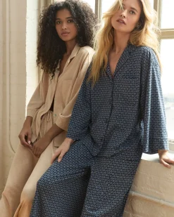 Women Petite Plume The Olivia Wide Leg Pima Pajama Set in Midnight Foulard