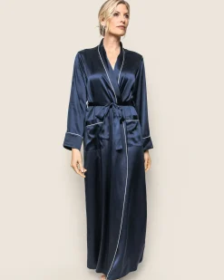 Women Petite Plume Women's Silk Long Robe in Navy