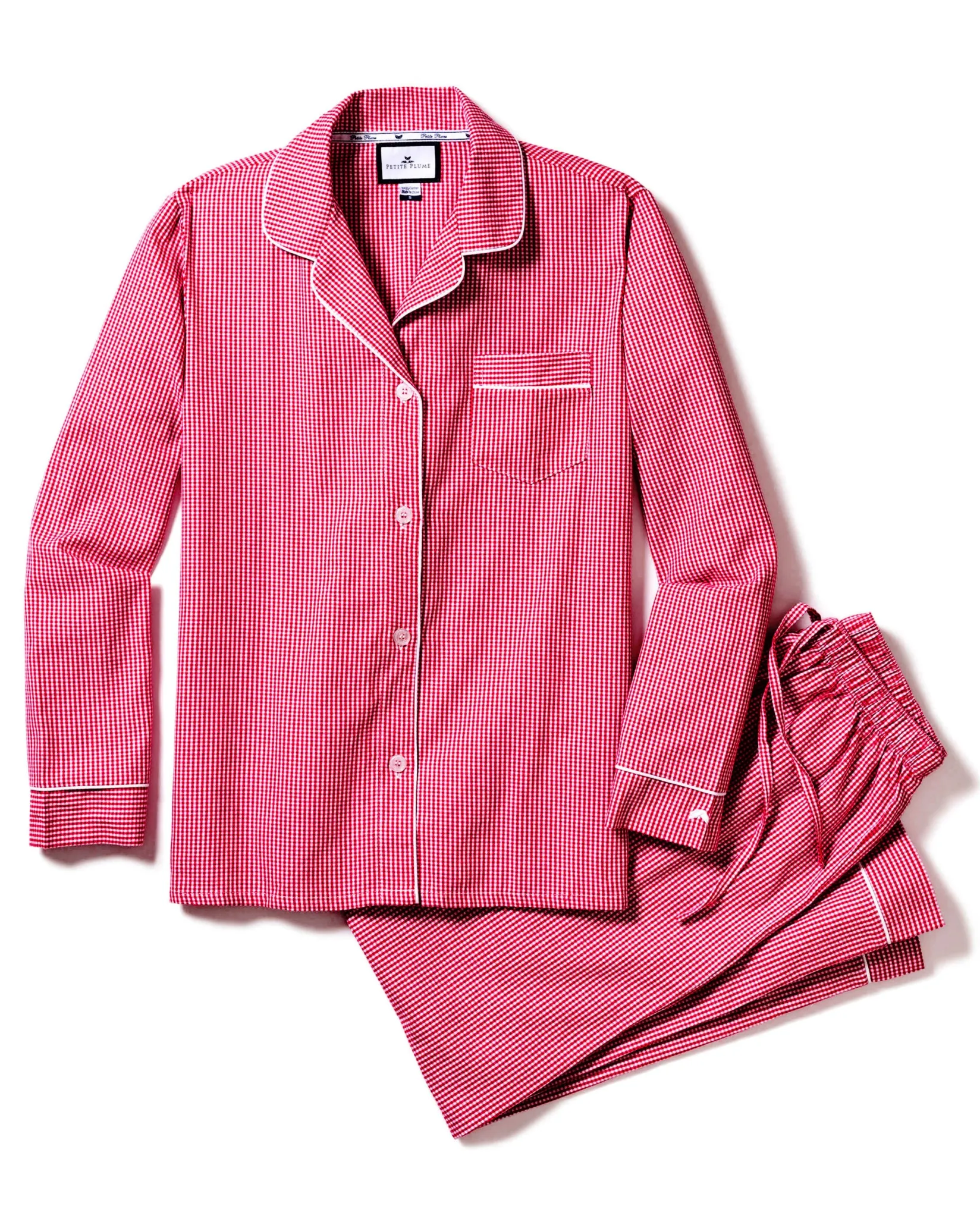 Women Petite Plume Women's Flannel Pajama Set in Red Mini Gingham