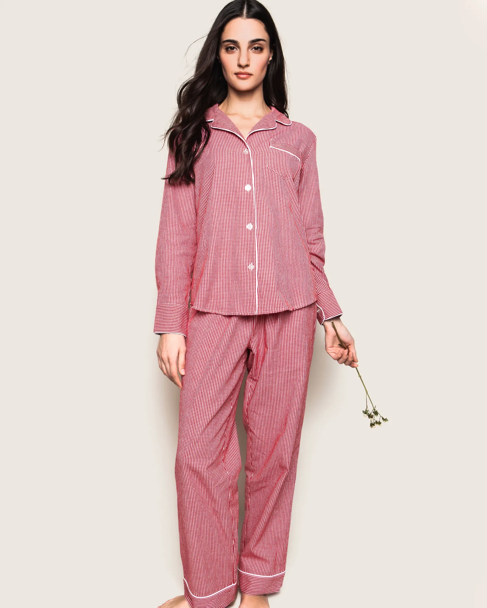 Women Petite Plume Women's Flannel Pajama Set in Red Mini Gingham
