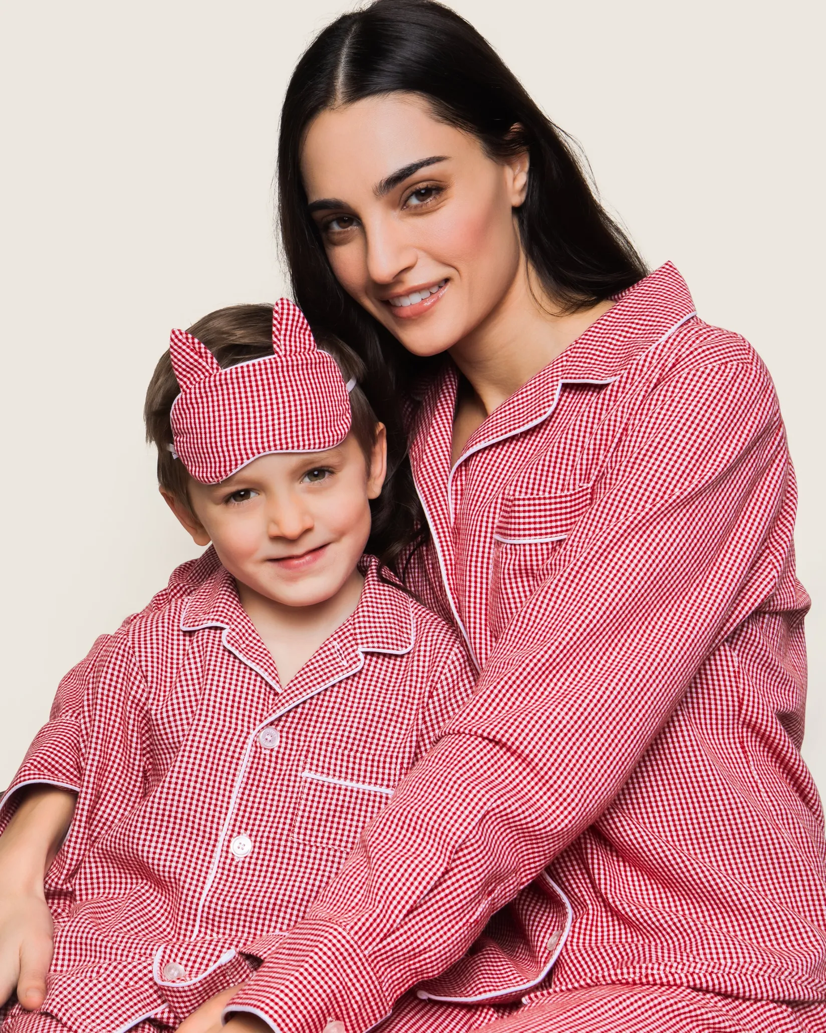Women Petite Plume Women's Flannel Pajama Set in Red Mini Gingham