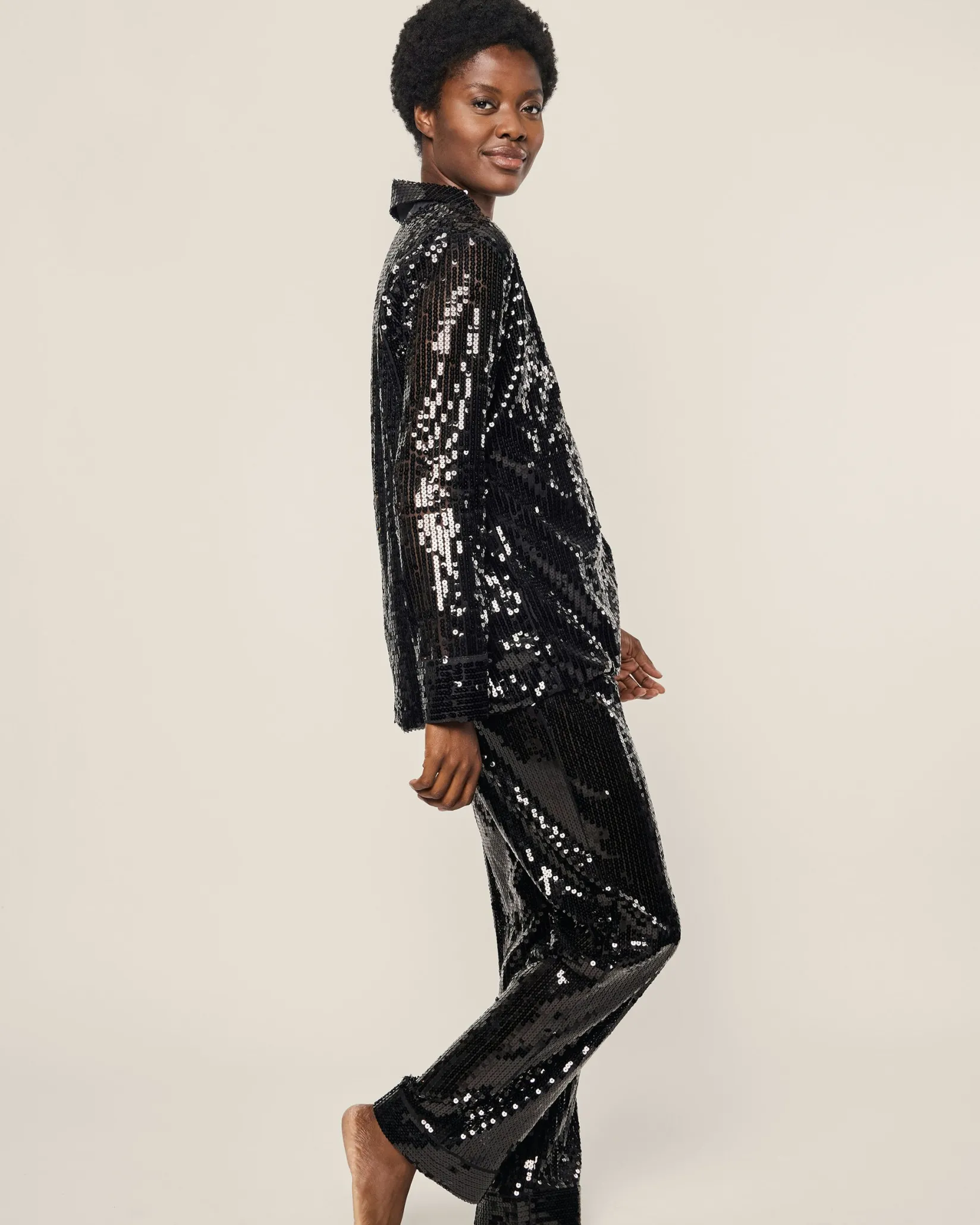 Women Petite Plume Women's Pajama Set in Black Sequins
