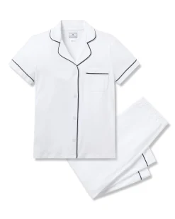 Women Petite Plume Women's Pima Crop Set in White with Navy Piping