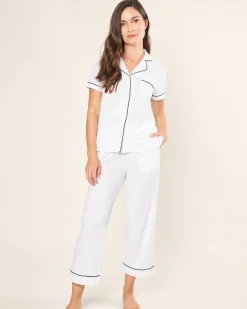 Women Petite Plume Women's Pima Crop Set in White with Navy Piping