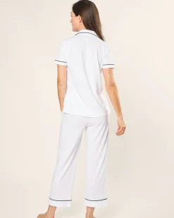 Women Petite Plume Women's Pima Crop Set in White with Navy Piping