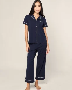Women Petite Plume Women's Pima Crop Set in White with Navy Piping