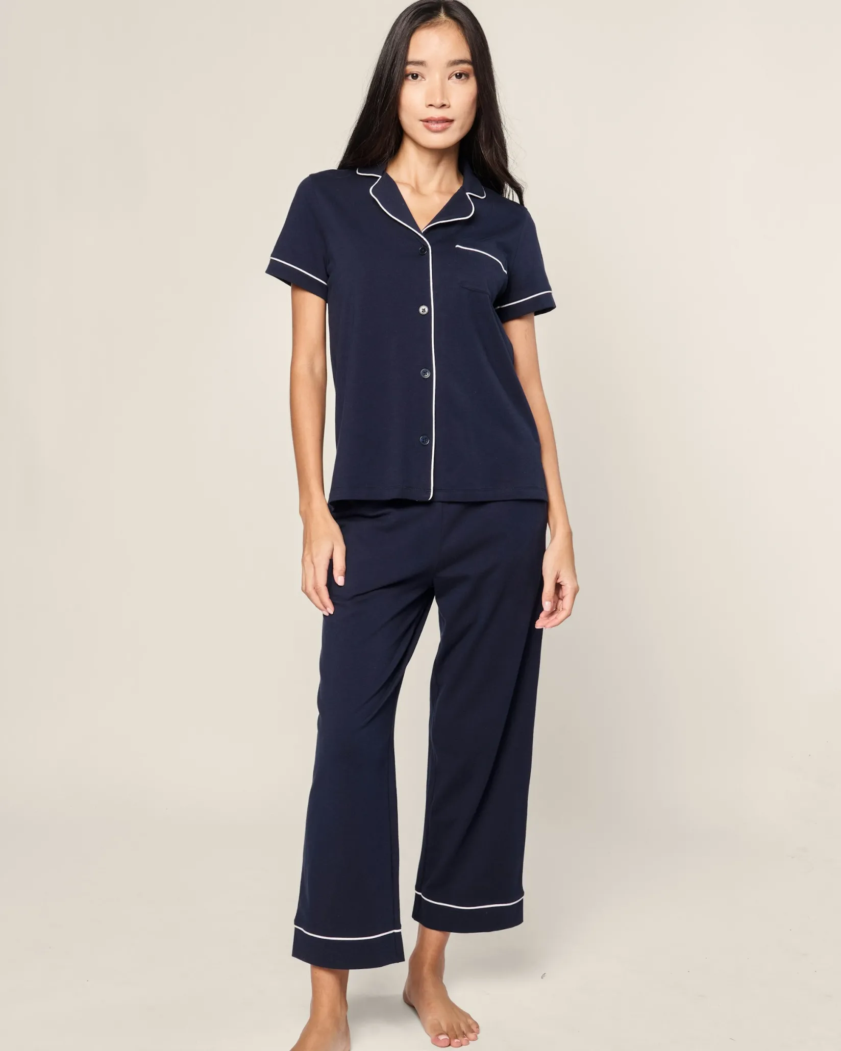 Women Petite Plume Women's Pima Crop Set in White with Navy Piping