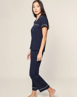 Women Petite Plume Women's Pima Crop Set in White with Navy Piping