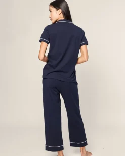 Women Petite Plume Women's Pima Crop Set in White with Navy Piping
