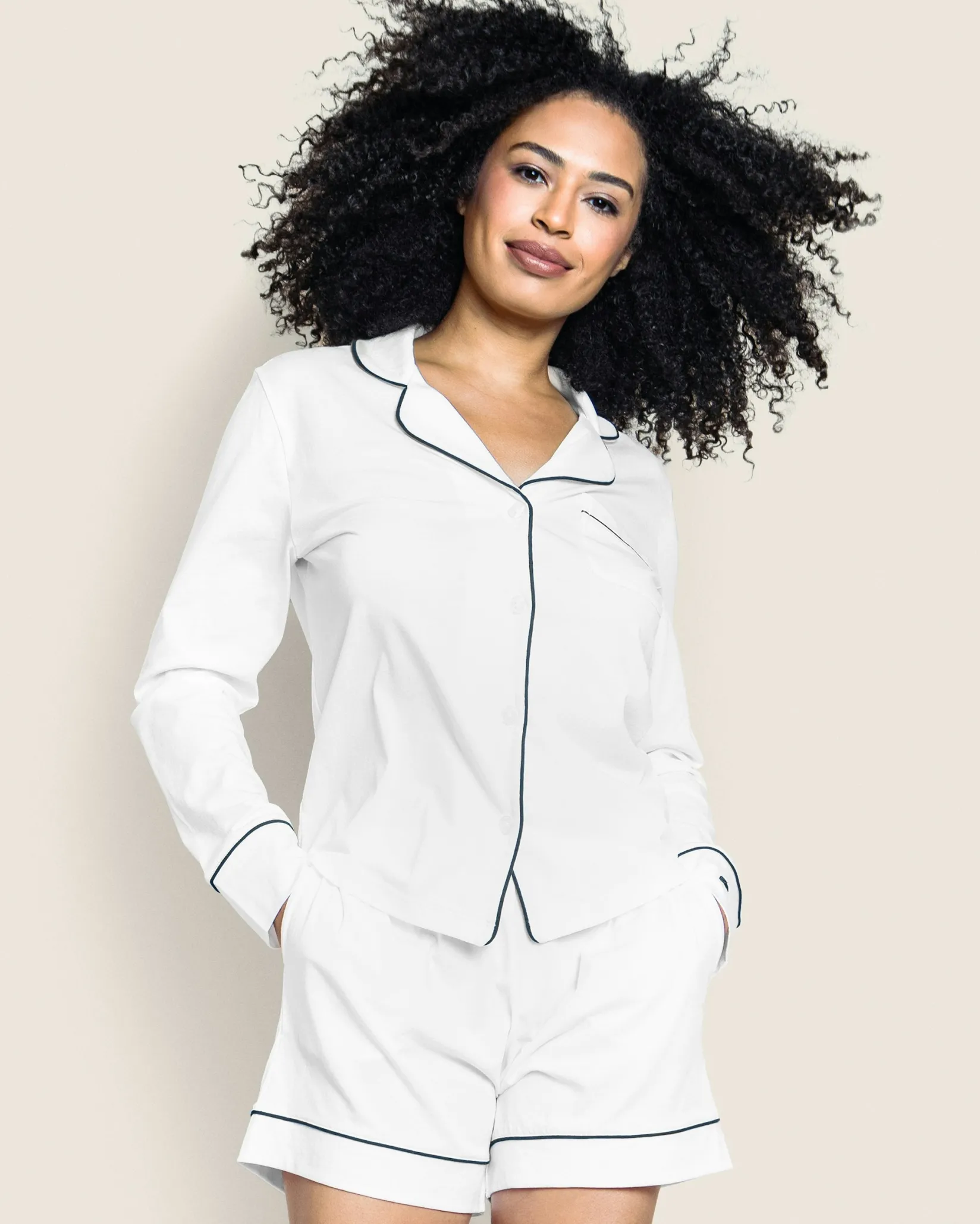 Women Petite Plume Women's Pima Long Sleeve Short Set in Black