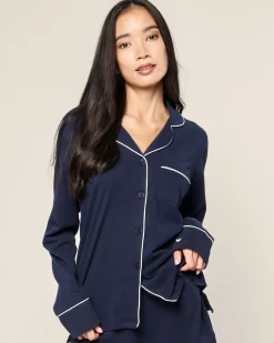 Women Petite Plume Women's Pima Long Sleeve Short Set in Navy