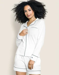 Women Petite Plume Women's Pima Long Sleeve Short Set in White with Black Piping