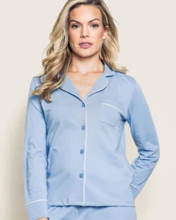 Women Petite Plume Women's Pima Long Sleeve Short Set in White with Black Piping