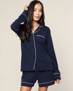 Women Petite Plume Women's Pima Long Sleeve Short Set in White with Black Piping