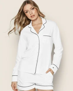Women Petite Plume Women's Pima Long Sleeve Short Set in White with Navy Piping