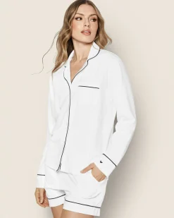 Women Petite Plume Women's Pima Long Sleeve Short Set in White with Navy Piping