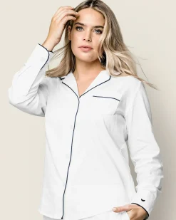 Women Petite Plume Women's Pima Long Sleeve Short Set in White with Navy Piping