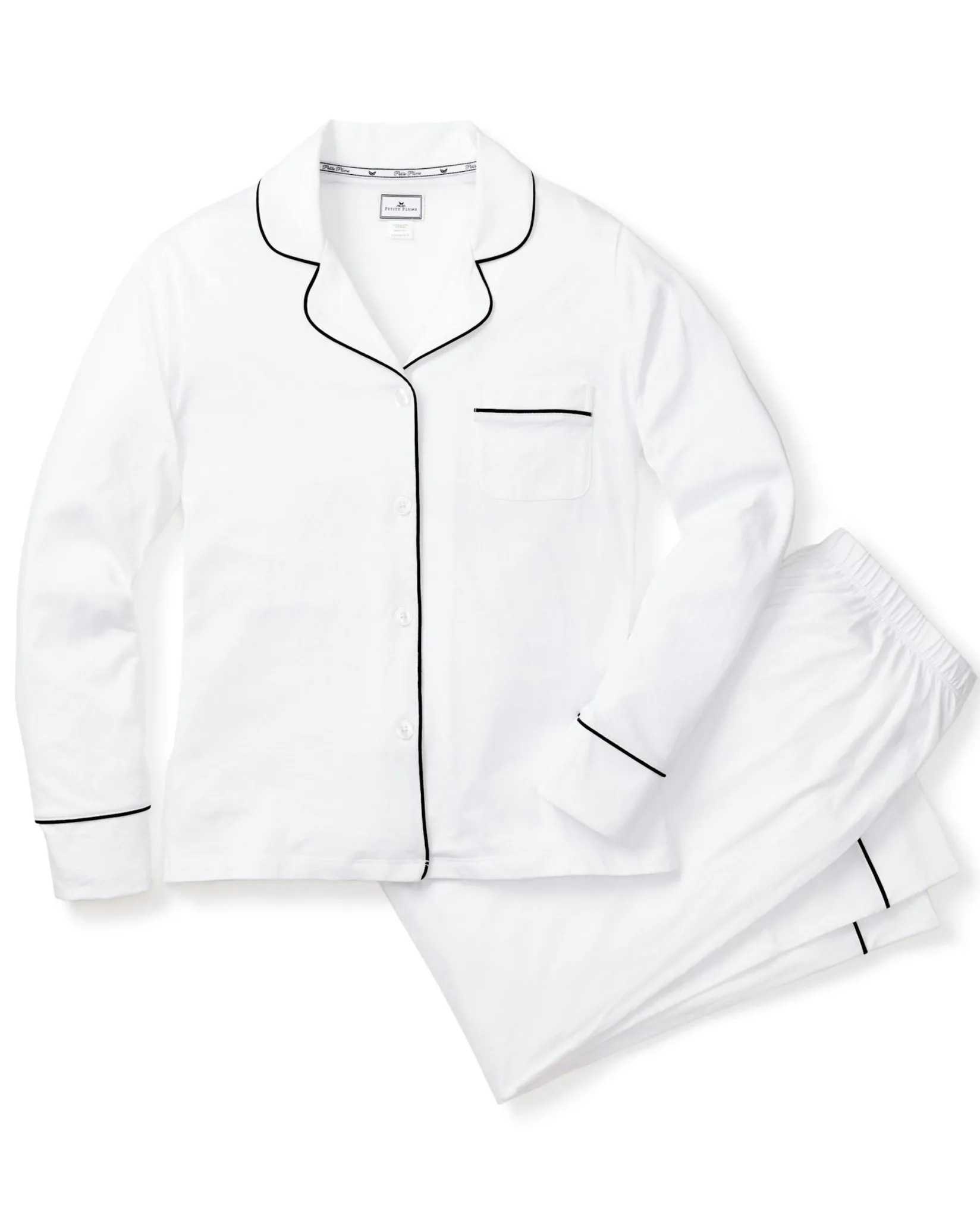 Women Petite Plume Women's Pima Pajama Set in White with Black Piping